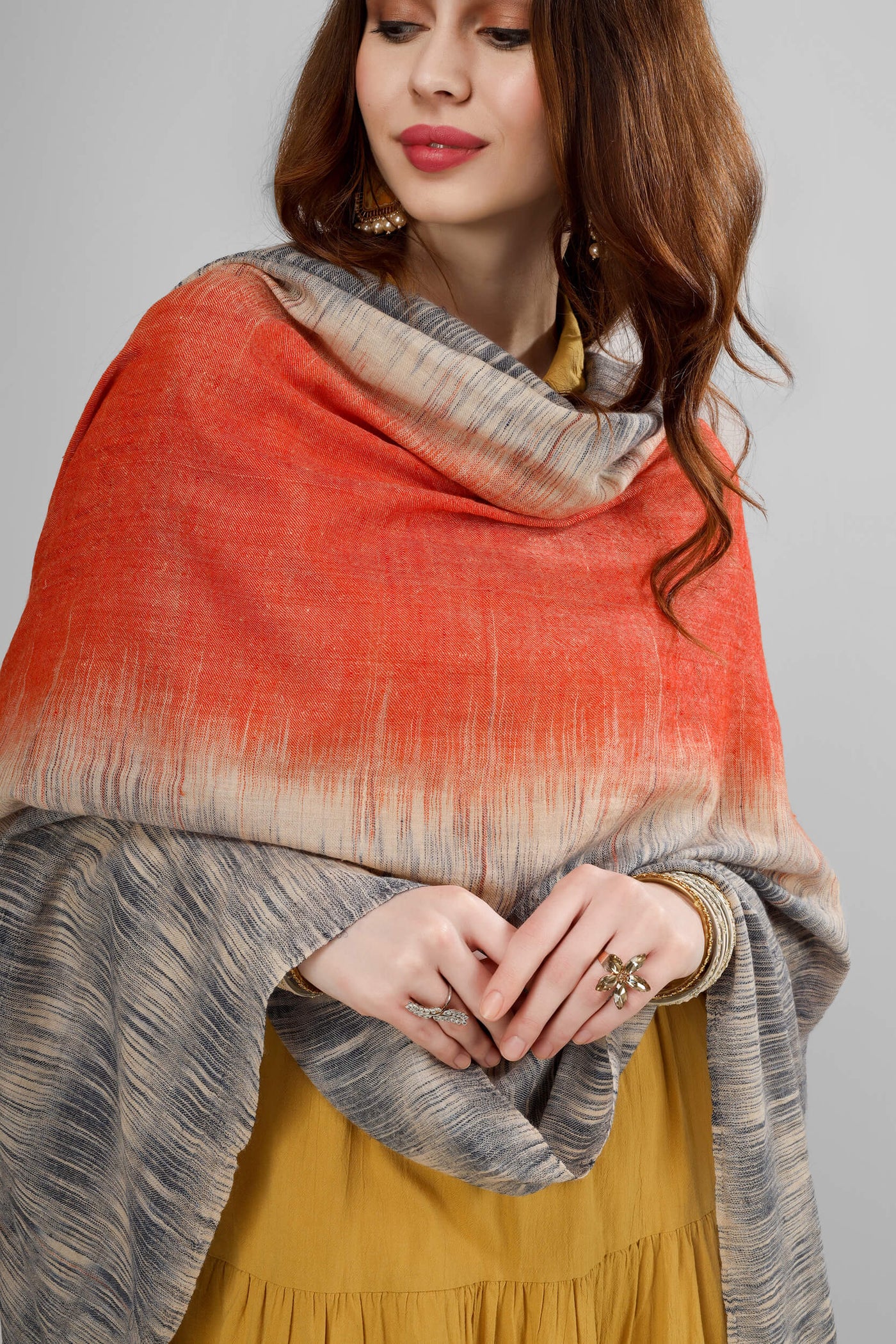 Carbon black and orange Ikkat pashmina shawl