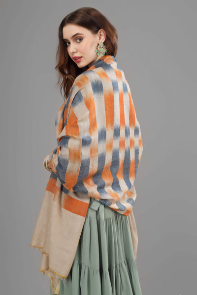KASHMIR PASHMINA - Blue orange Ikkat  design pashmina shawl
