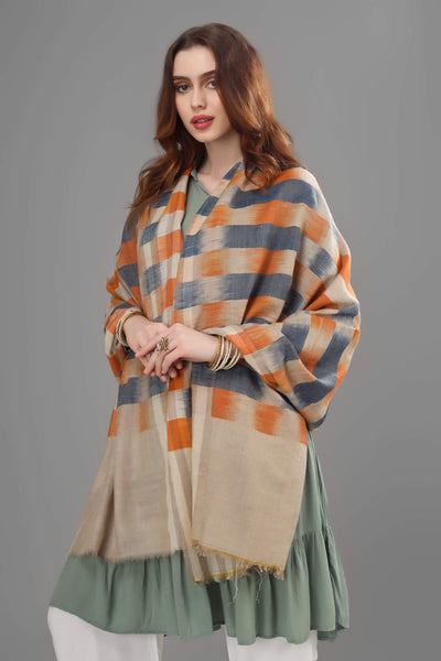 NEW DELHI - Blue orange Ikkat  design pashmina shawl
