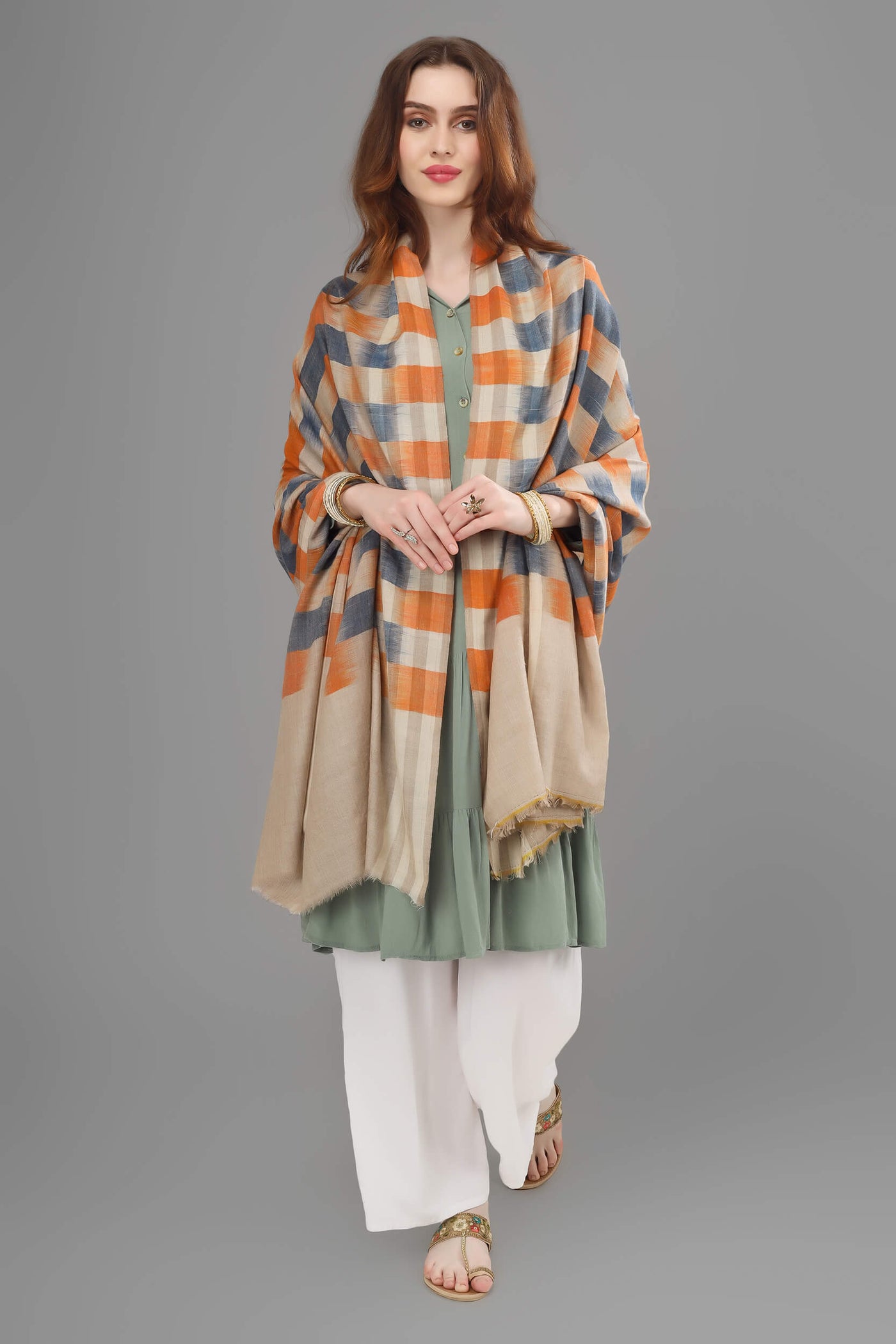 KASHMIR - Blue orange Ikkat  design pashmina shawl