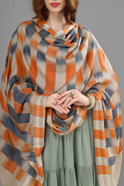 MUMBAI - Blue orange Ikkat  design pashmina shawl