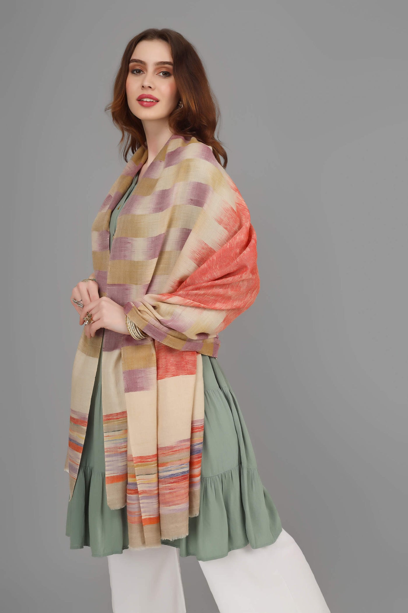 Red brown Ikkat pashmina shawl