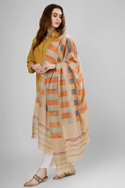  PASHMINA - IN- DELHI-Blue orange Ikkat pashmina shawl