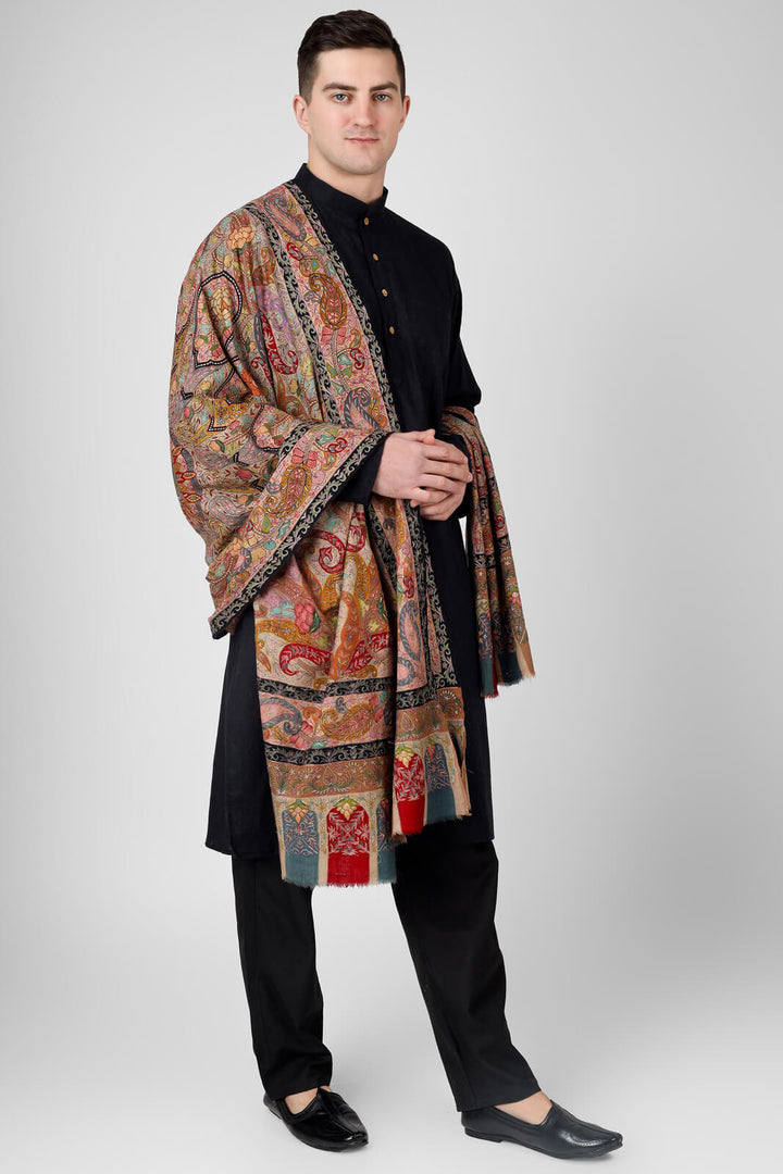 Kalamkari Pashmina mughal Mens Shawls  Effortless luxury Pashmina Kalamkaris First Handwoven, Then handpainted, and Then Hand embroidered.