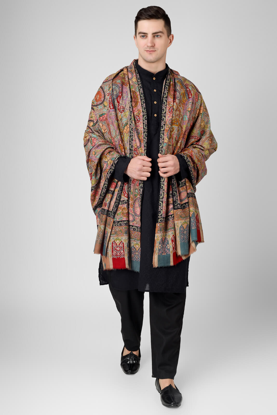 Kalamkari Pashmina mughal Mens Shawls  Effortless luxury Pashmina Kalamkaris First Handwoven, Then handpainted, and Then Hand embroidered.