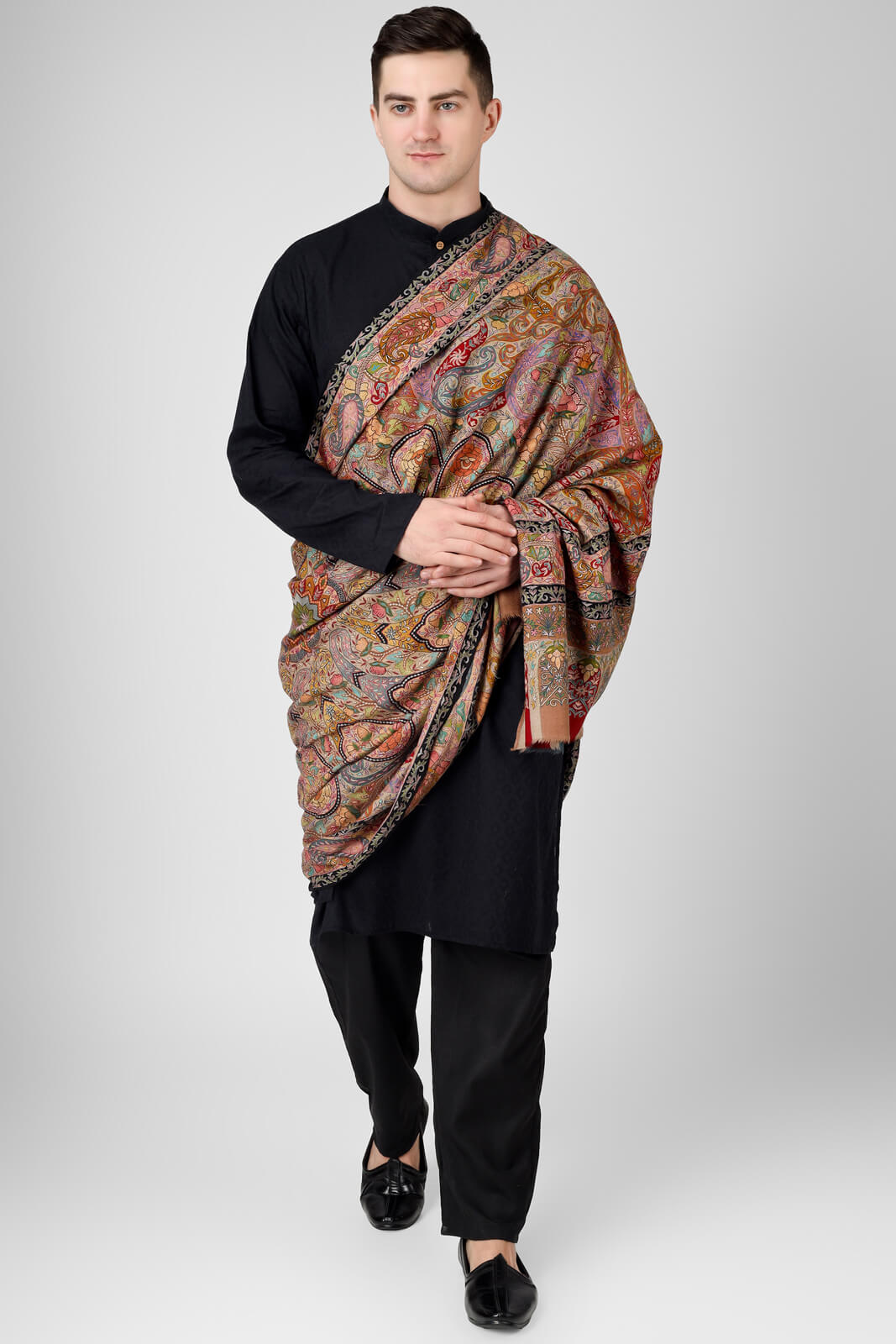 Kalamkari Pashmina mughal Mens Shawls  Effortless luxury Pashmina Kalamkaris First Handwoven, Then handpainted, and Then Hand embroidered.