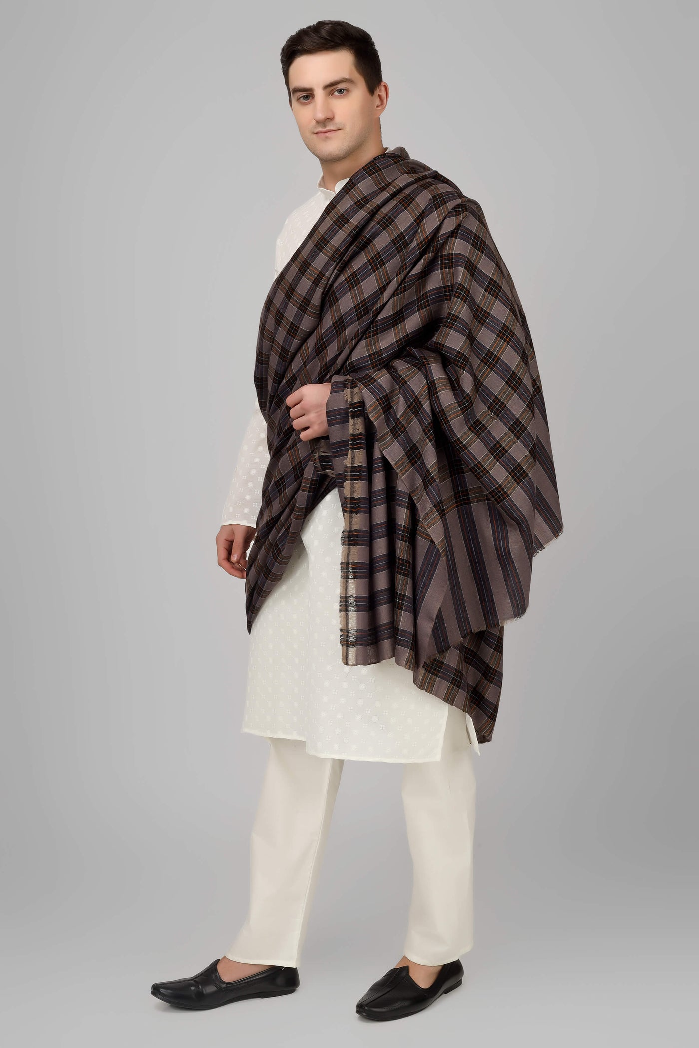 Mens Natural and Black Pashmina check design shawl