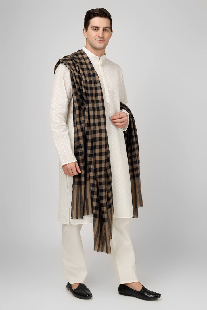 Mens Pashmina big check natural and black  design shawl