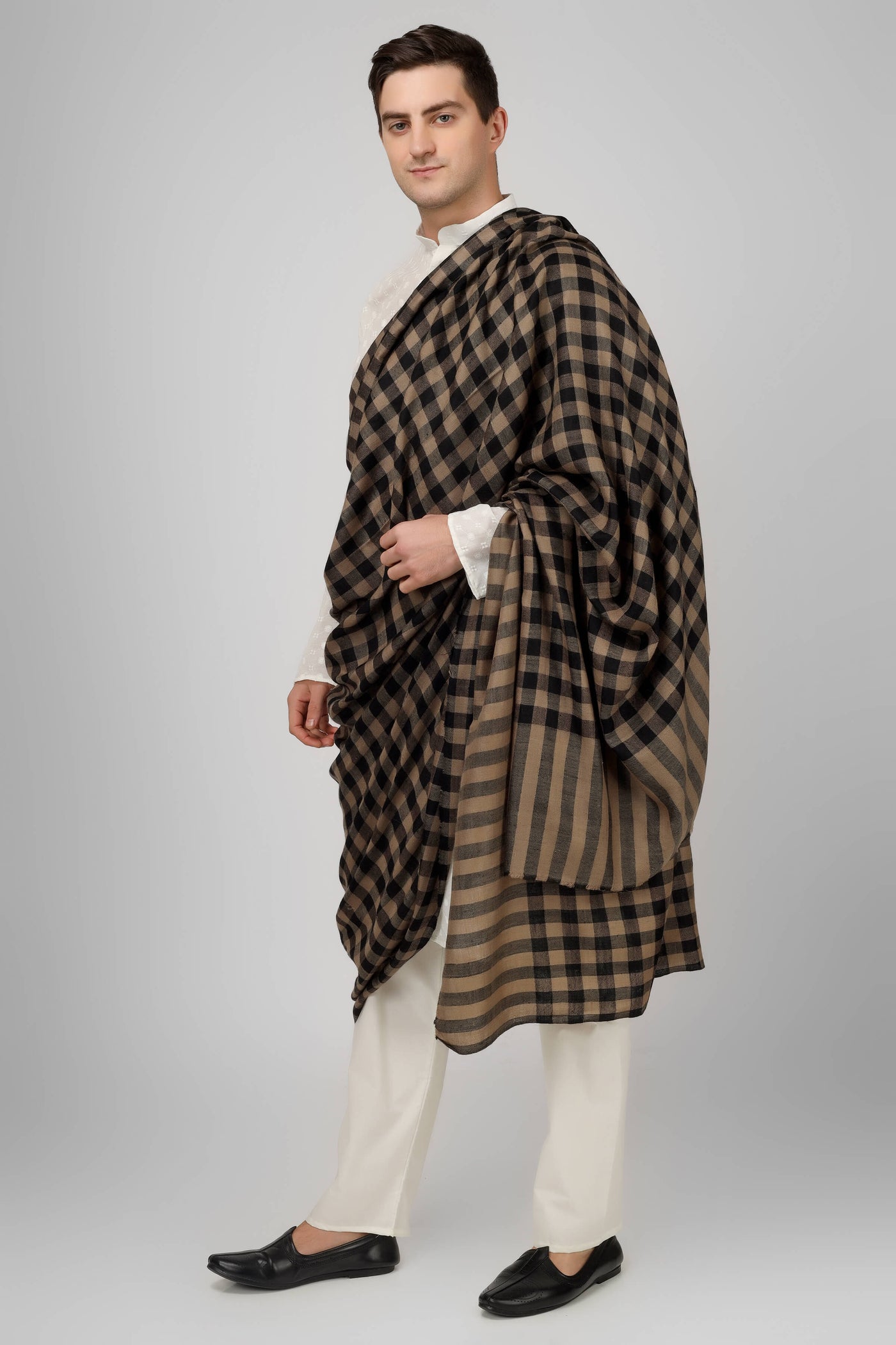 Mens Pashmina big check natural and black  design shawl