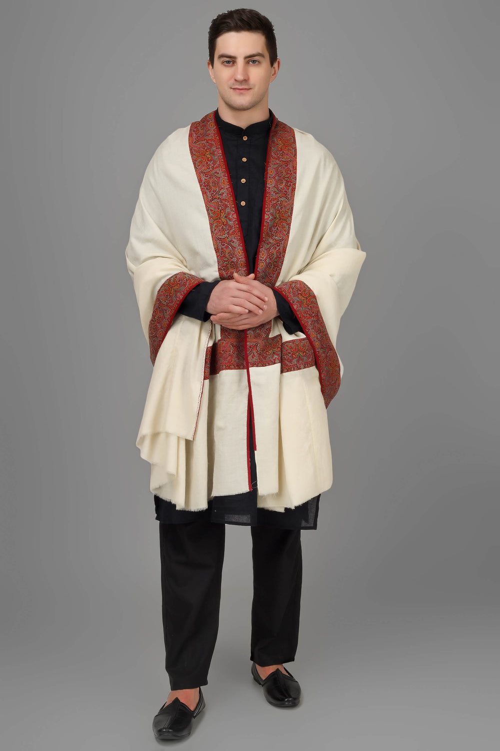  PASHMINA IN LONDON - Mens White Pashmina Shawl With Antique Jamawar Border