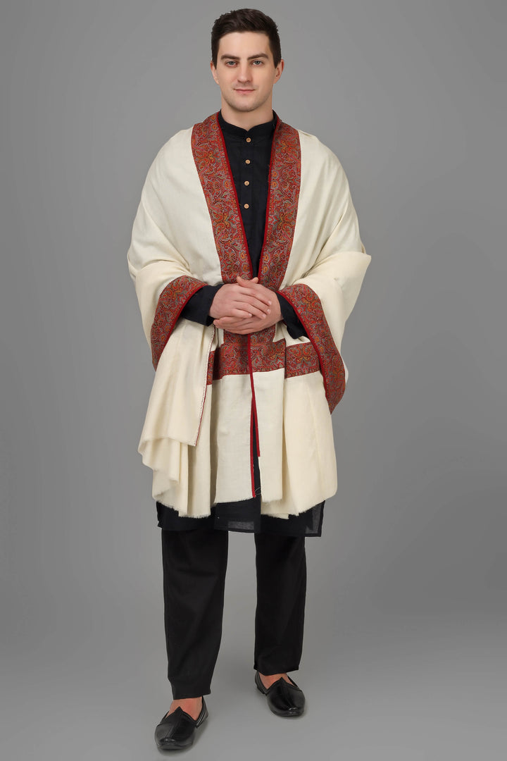  PASHMINA IN LONDON - Mens White Pashmina Shawl With Antique Jamawar Border