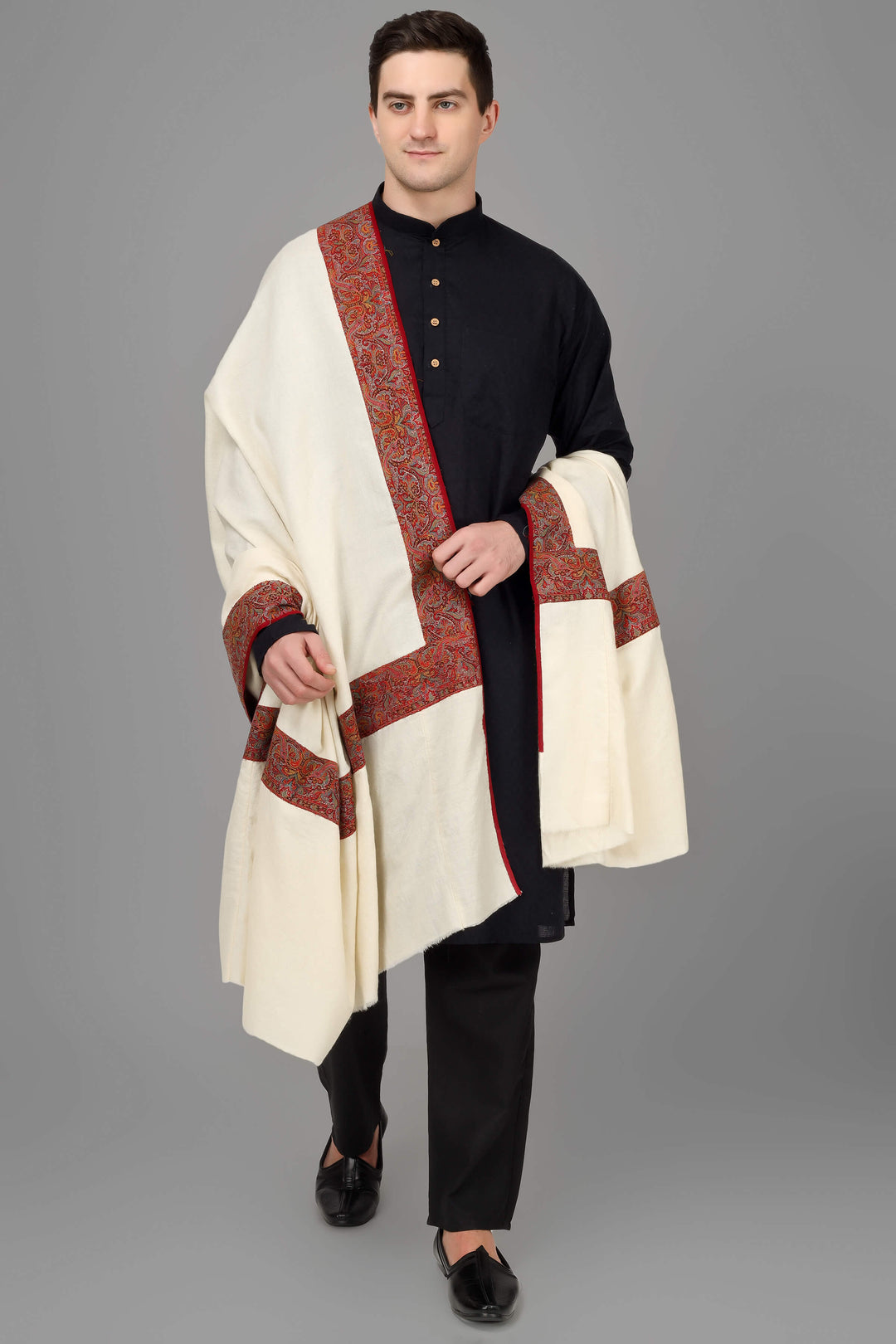 PASHMINA IN CANADA - Mens White Pashmina Shawl With Antique Jamawar Border