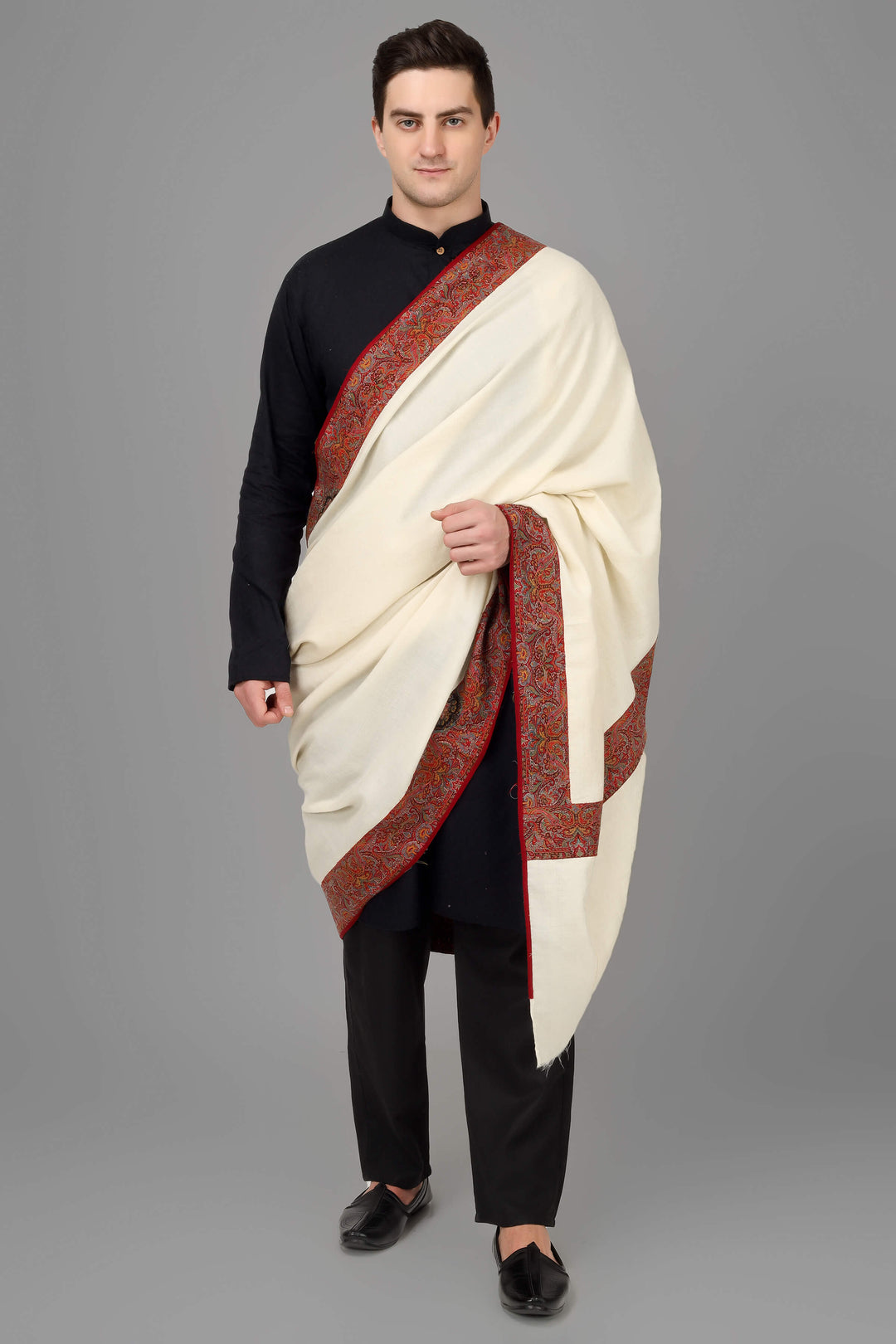 PASHMINA IN DELHI -Mens White Pashmina Shawl With Antique Jamawar Border