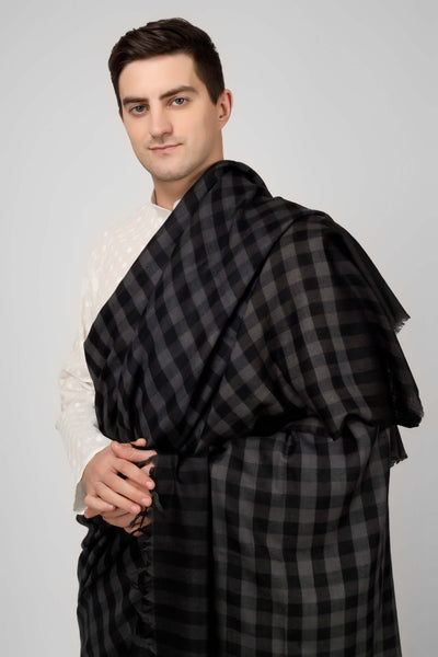 PASHMINA DELHI - Black and gray Mens Pashmina  shawl checked design
