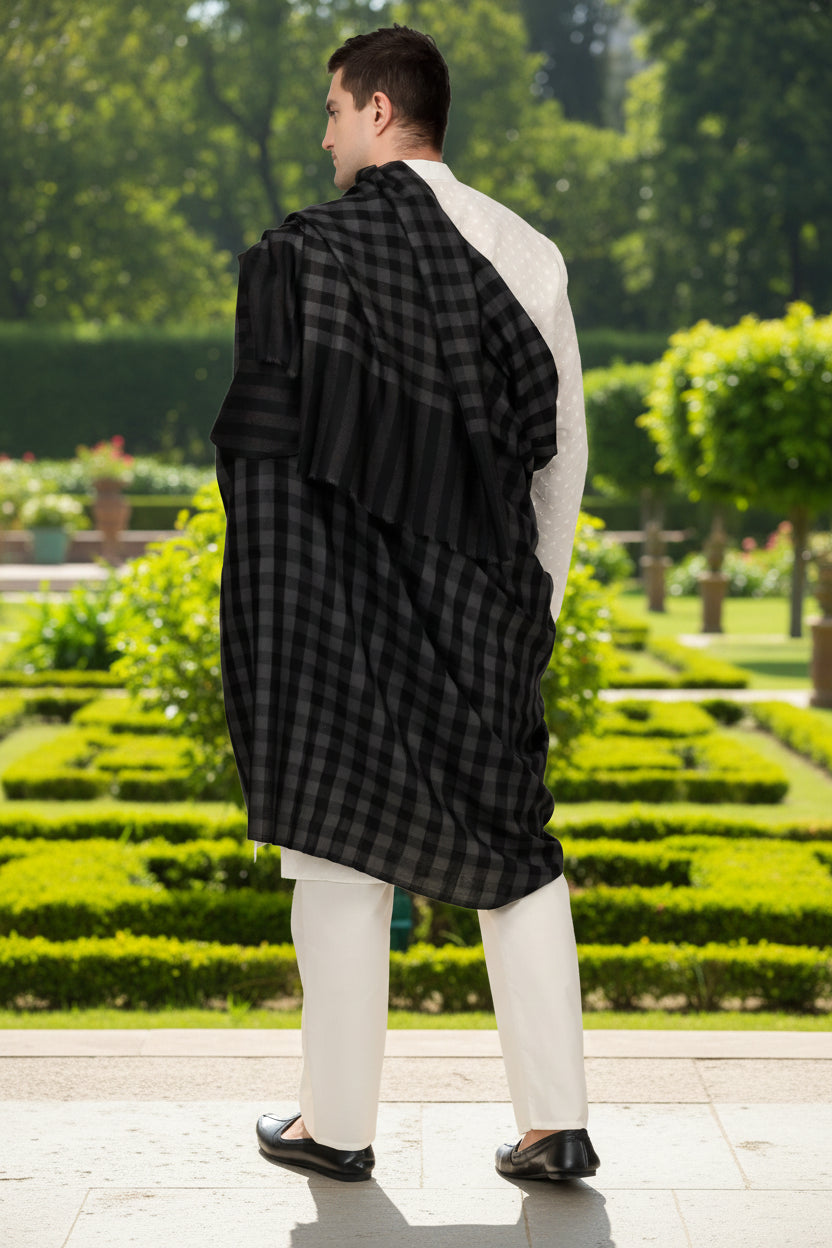 PASHMINA - Black and gray Mens Pashmina  shawl checked design