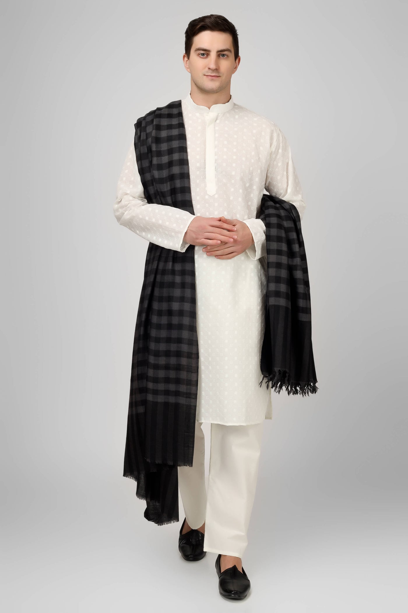 PASHMINA - Black and gray Mens Pashmina  shawl checked design