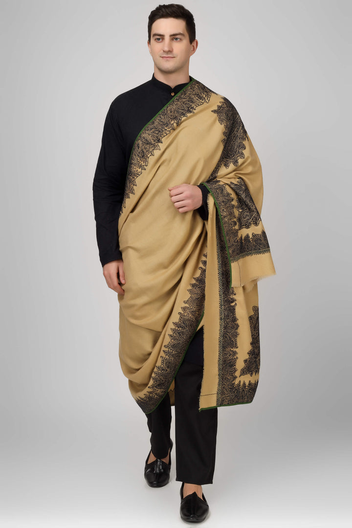 Brown Pashmina with patched Antique jamawar border