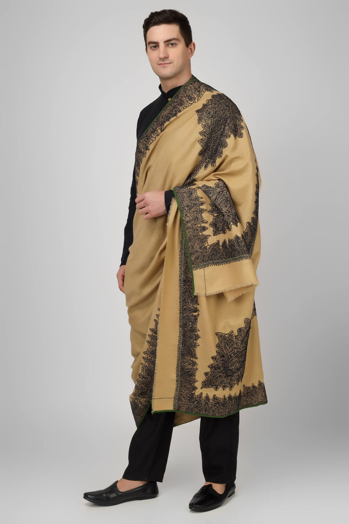 Brown Pashmina with patched Antique jamawar border