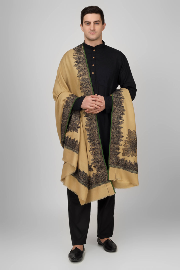 Brown Pashmina with patched Antique jamawar border