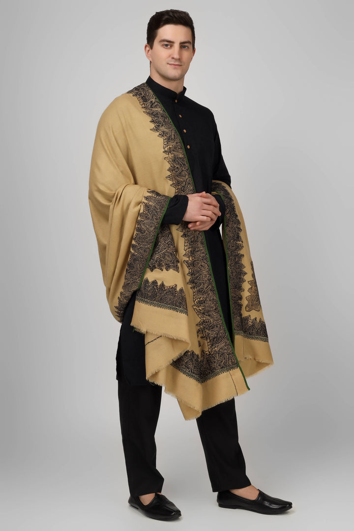 Brown Pashmina with patched Antique jamawar border