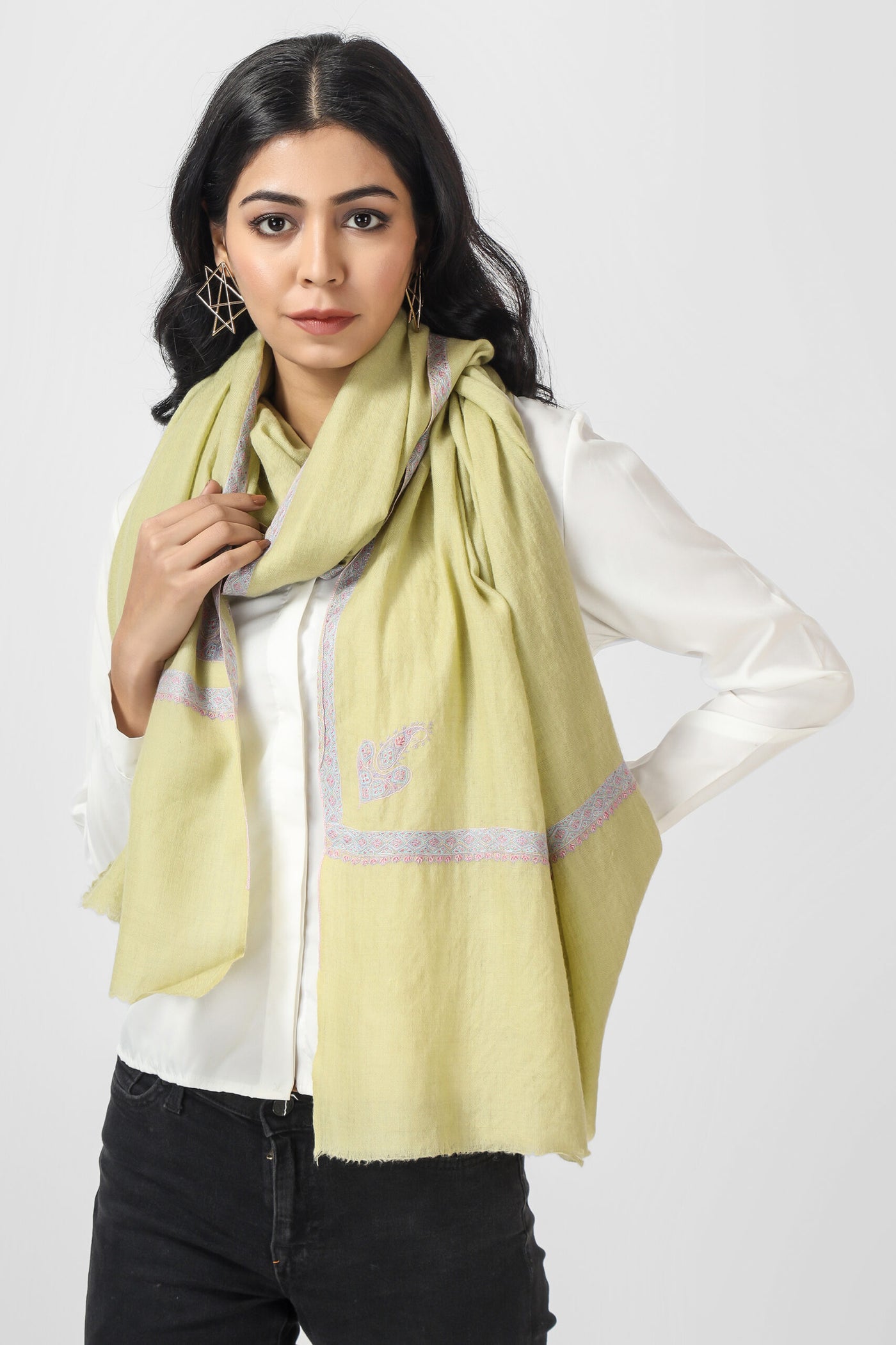  This Pashmina stole is green and has been beautifully and elegantly stitched along its edges with Valley traditional workmanship. 