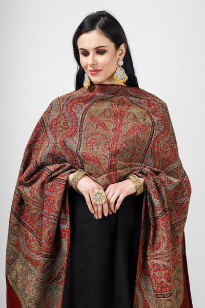 Maroon Kruparani Pashmina antique jamawar shawl