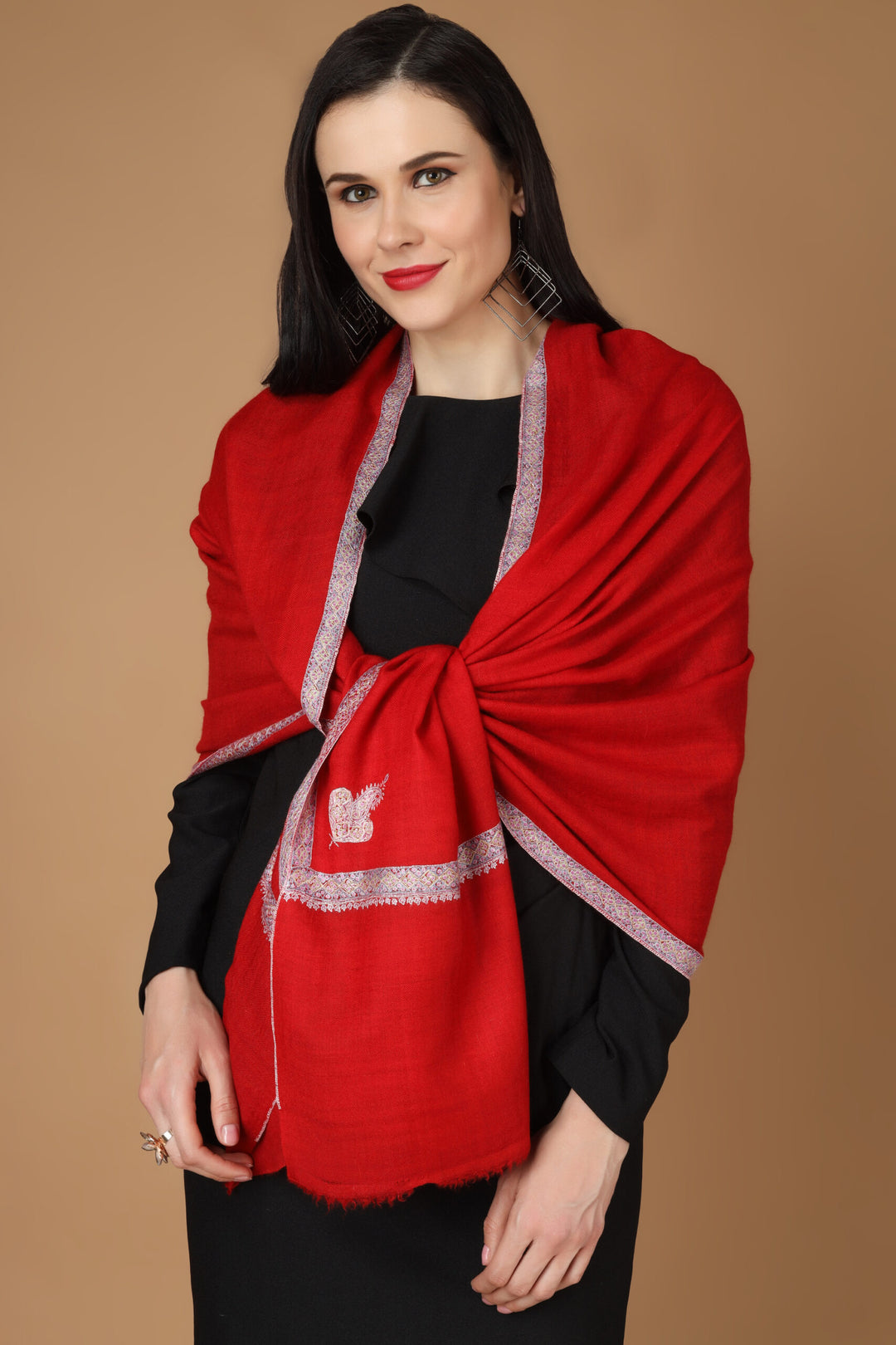 Red Pashmina hashidaar sozni stole