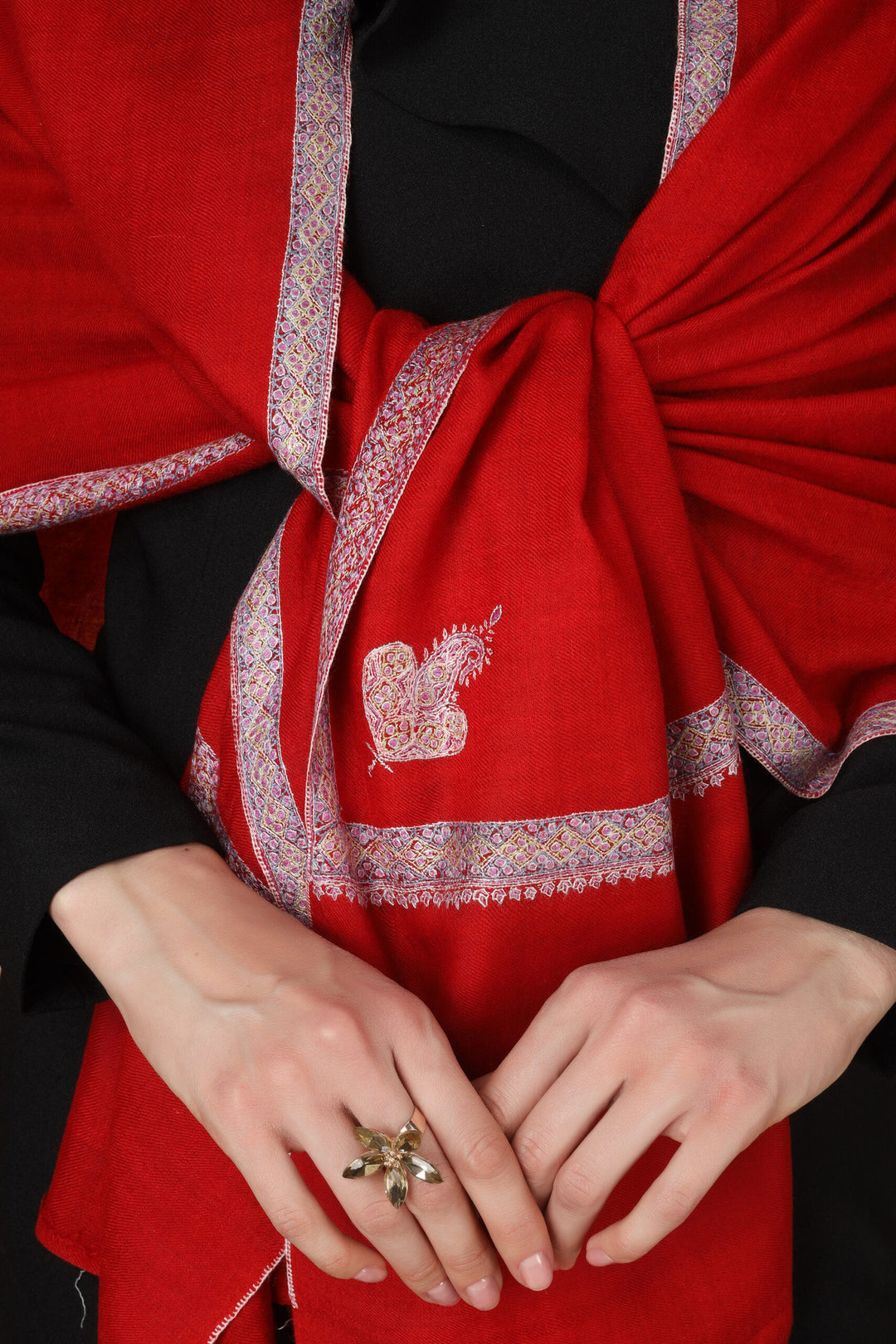 Red Pashmina hashidaar sozni stole