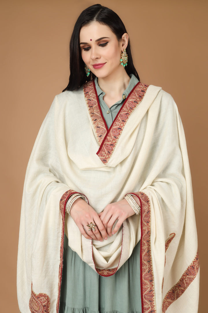 White Pashmina Shawl with Vintage-Inspired Jamawar Palladaar Border