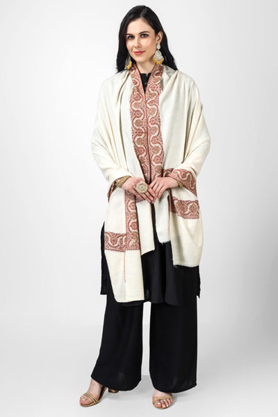 White mehraab Pashmina border sozni shawl