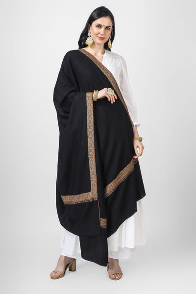 Black Pashmina khaikkaar border sozni shawl
