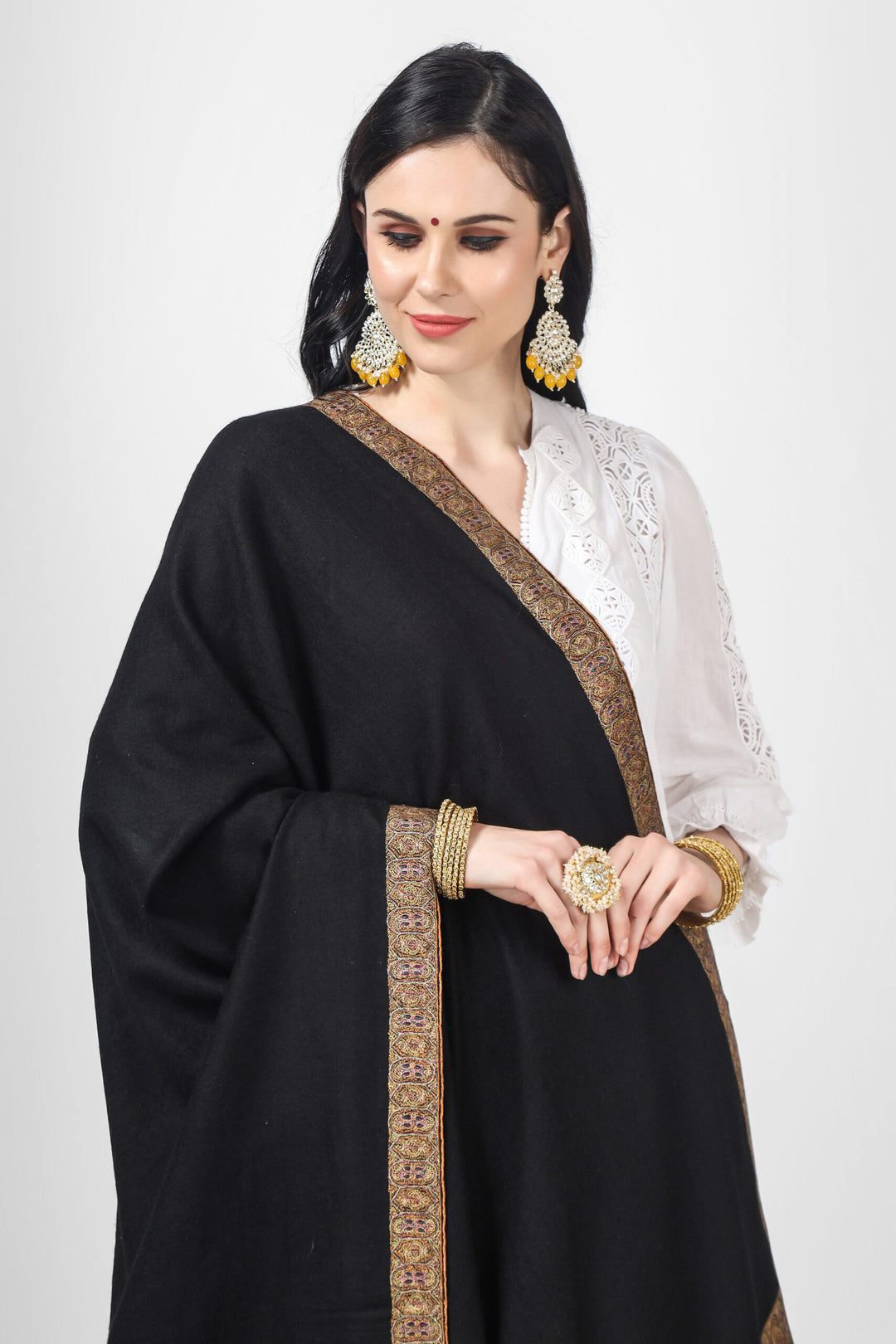 Black Pashmina Khaikkaar Border Sozni Shawl