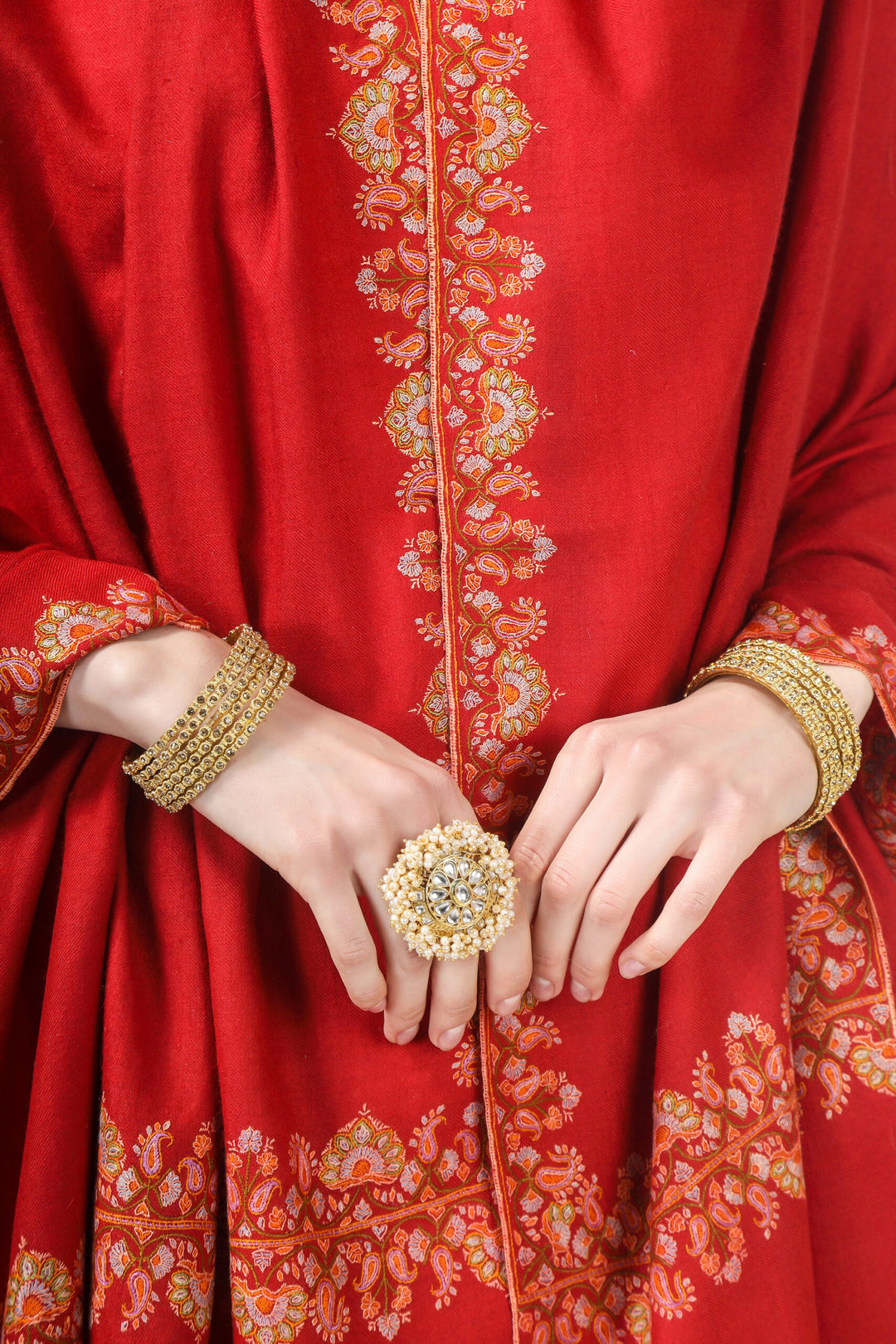 Red Pashmina elegant border embroidered shawl