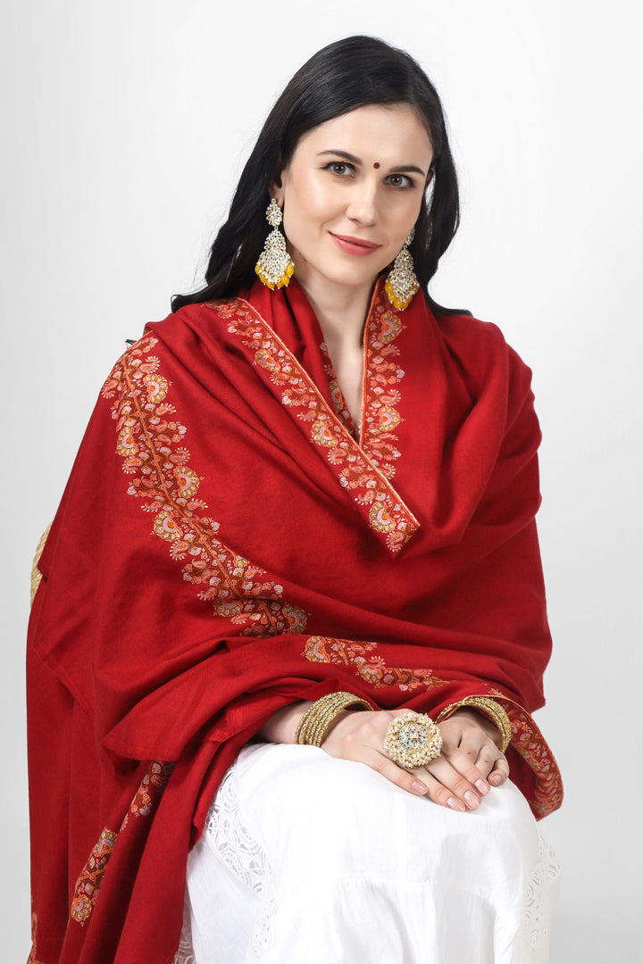 Red Pashmina elegant border embroidered shawl