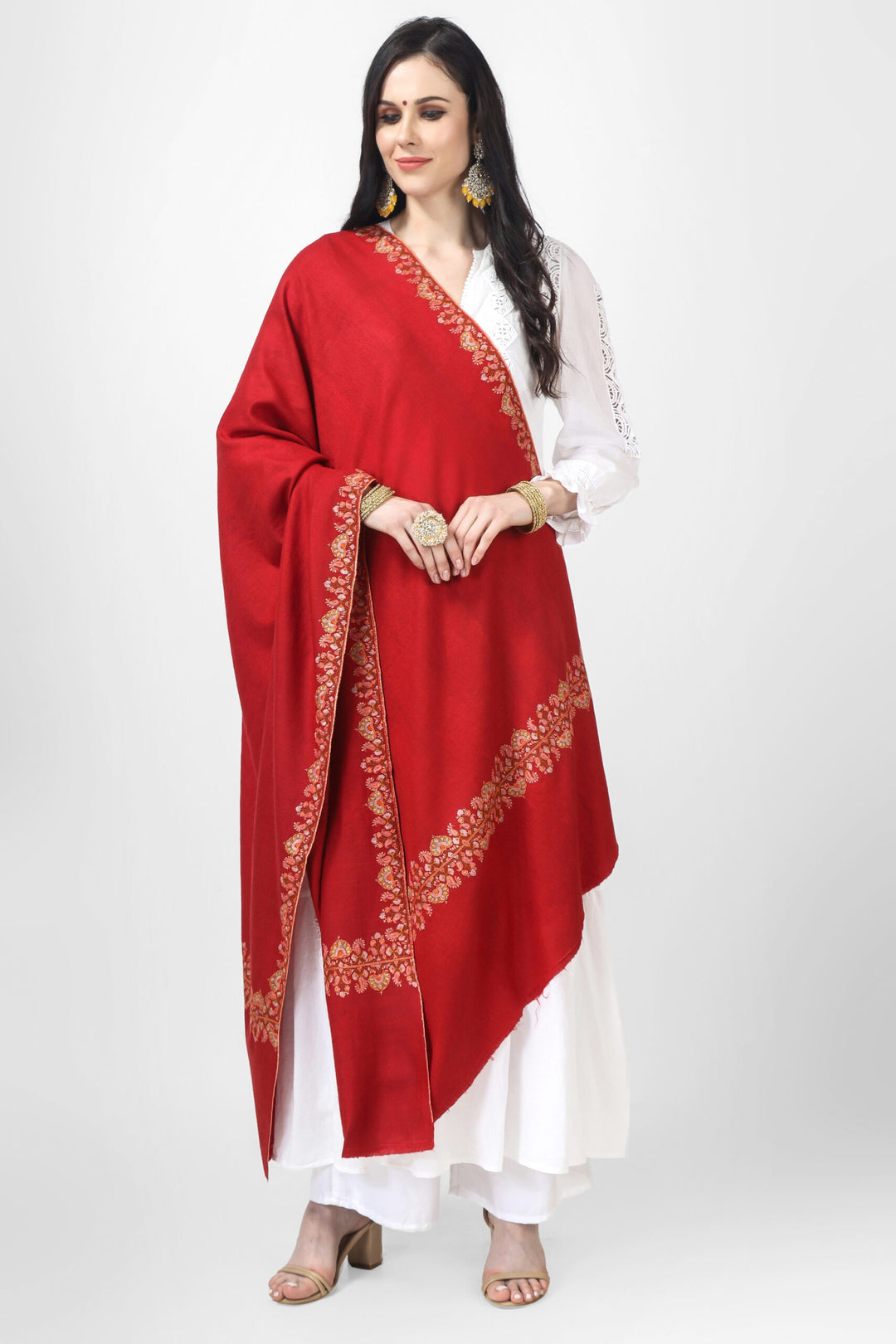 Red Pashmina elegant border embroidered shawl