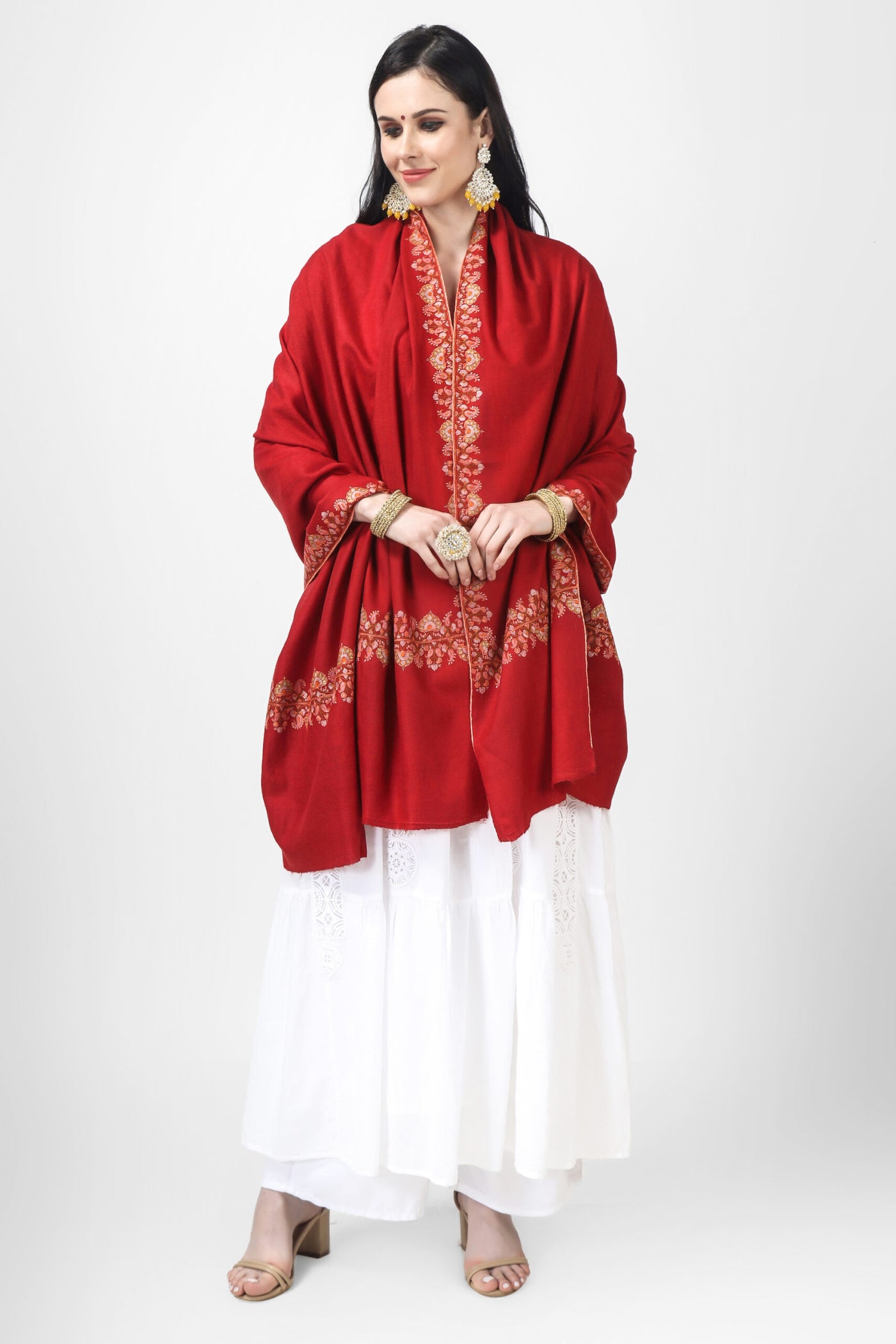 Red Pashmina elegant border embroidered shawl