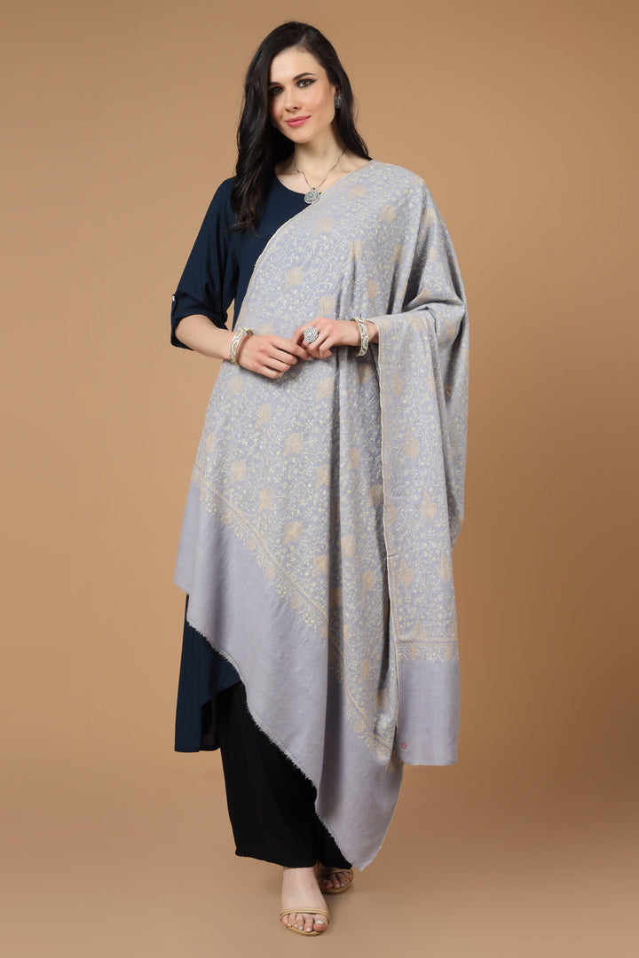 CANADA - INDIA- DUBAI - PASHMINA- Gray Pashmina allover Sozni Embroidered Shawl