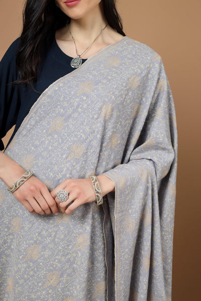 CANADA - INDIA- DUBAI - PASHMINA- Gray Pashmina allover Sozni Embroidered Shawl