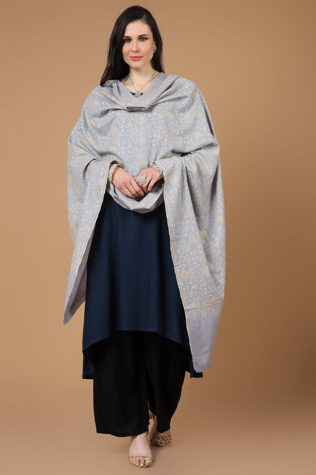 CANADA - INDIA- DUBAI - PASHMINA- Gray Pashmina allover Sozni Embroidered Shawl