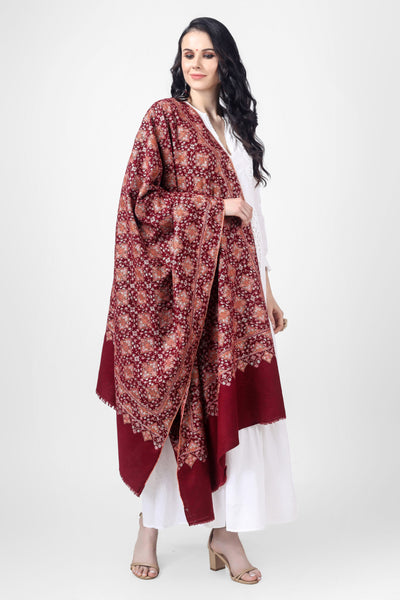 Maroon Pashmina sozni tajdaar reshimkaar jama shawl  Elegance, luxury, sophistication, and class. These are but a few of the adjectives that describe the jamawar or jama shawl.  