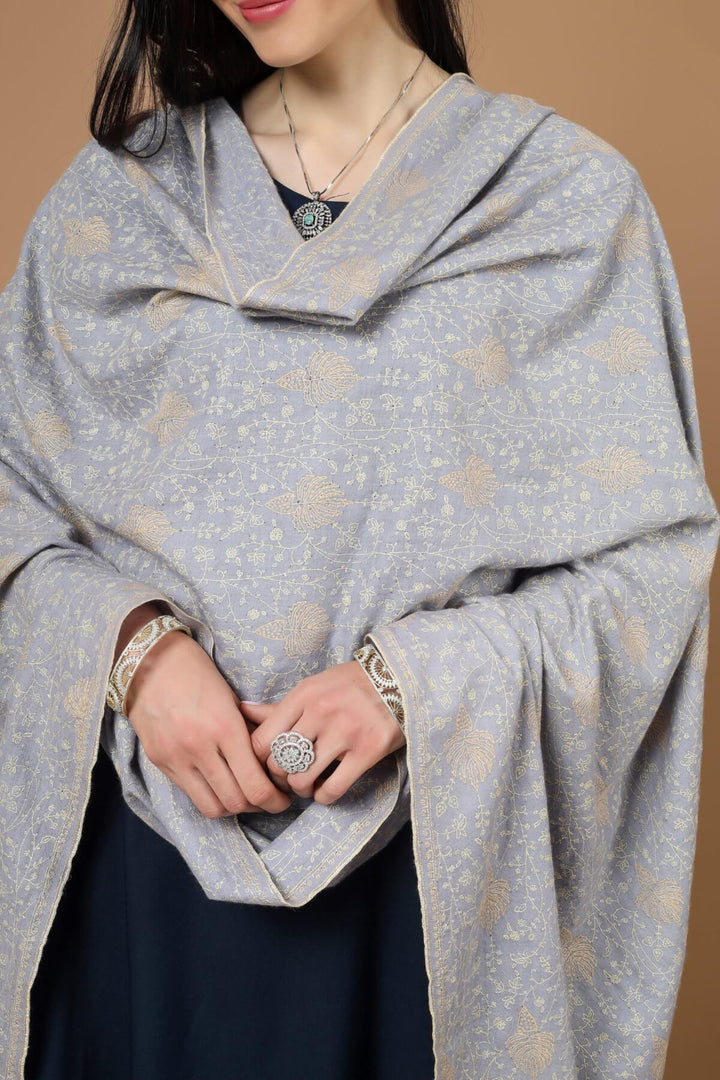 CANADA - INDIA- DUBAI - PASHMINA- Gray Pashmina allover Sozni Embroidered Shawl