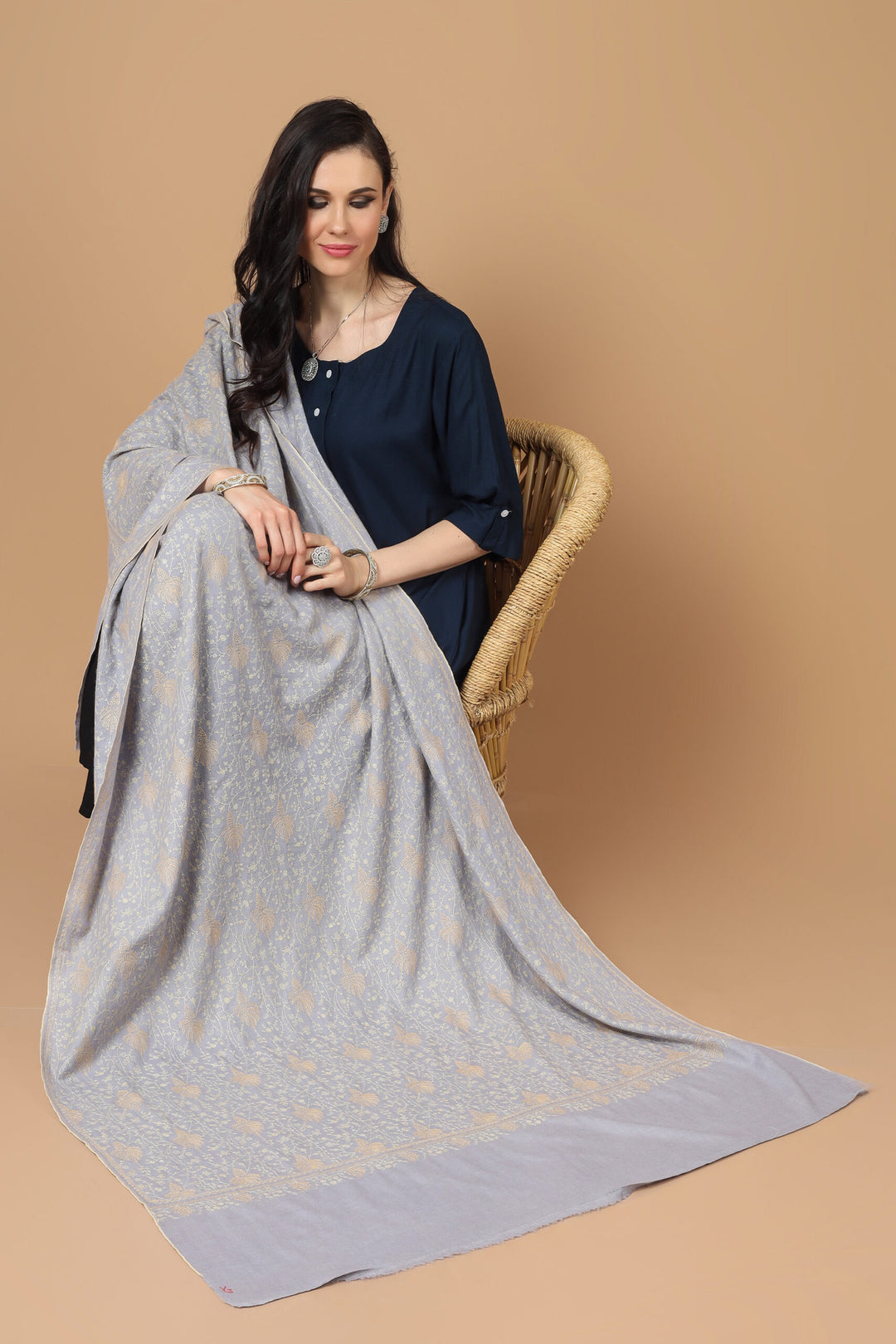 CANADA - INDIA- DUBAI - PASHMINA- Gray Pashmina allover Sozni Embroidered Shawl