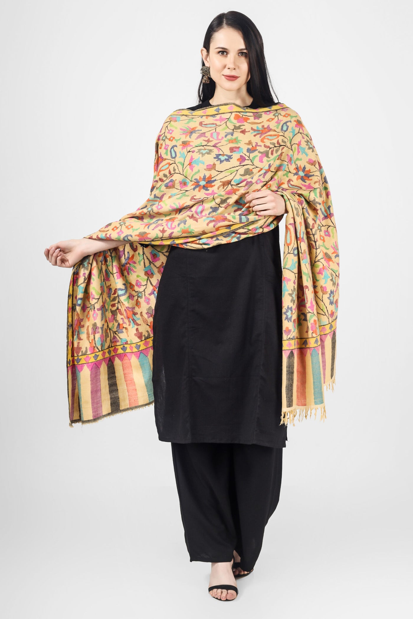 Handmade pure pashmina yellow kani shawl