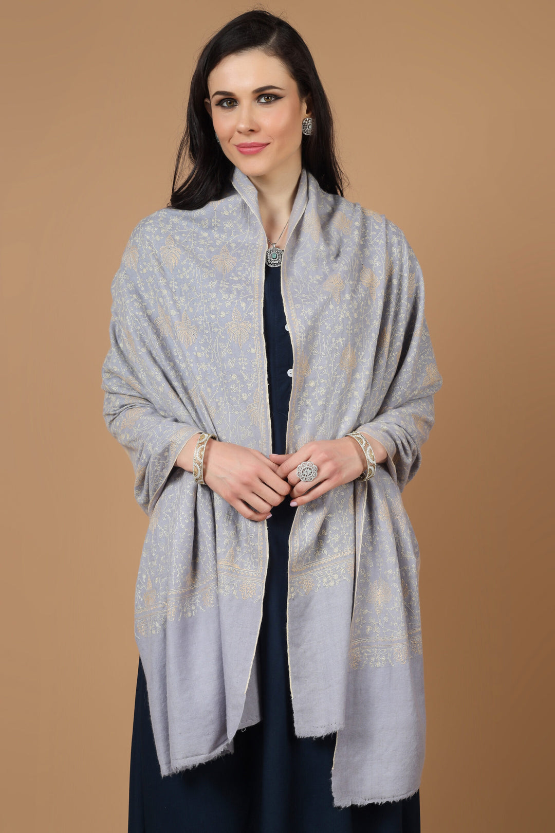 CANADA - INDIA- DUBAI - PASHMINA- Gray Pashmina allover Sozni Embroidered Shawl