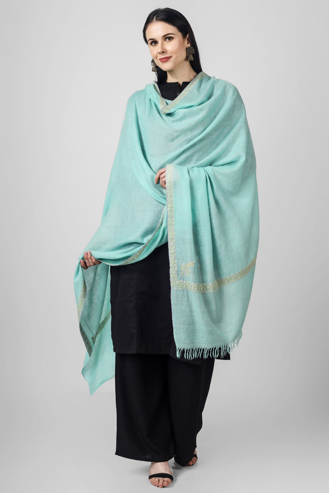 Turquoise Pashmina  Pastel hashidaar sozni shawl