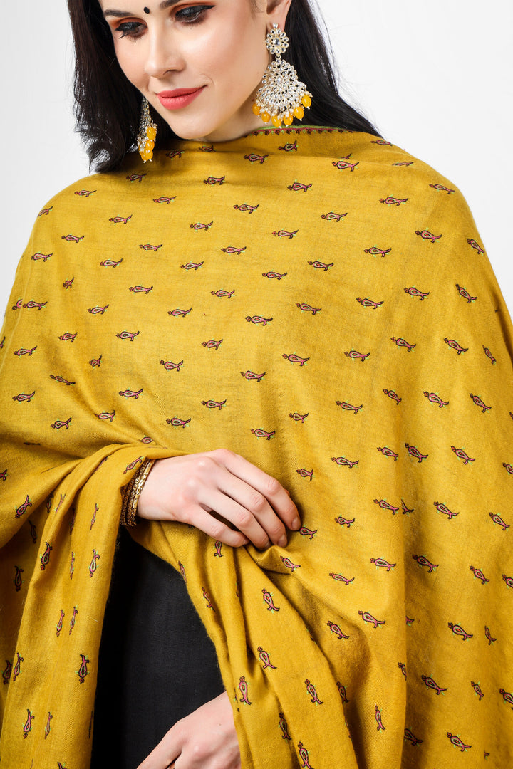 Mustard Pashmina bootidaar sozni shawl