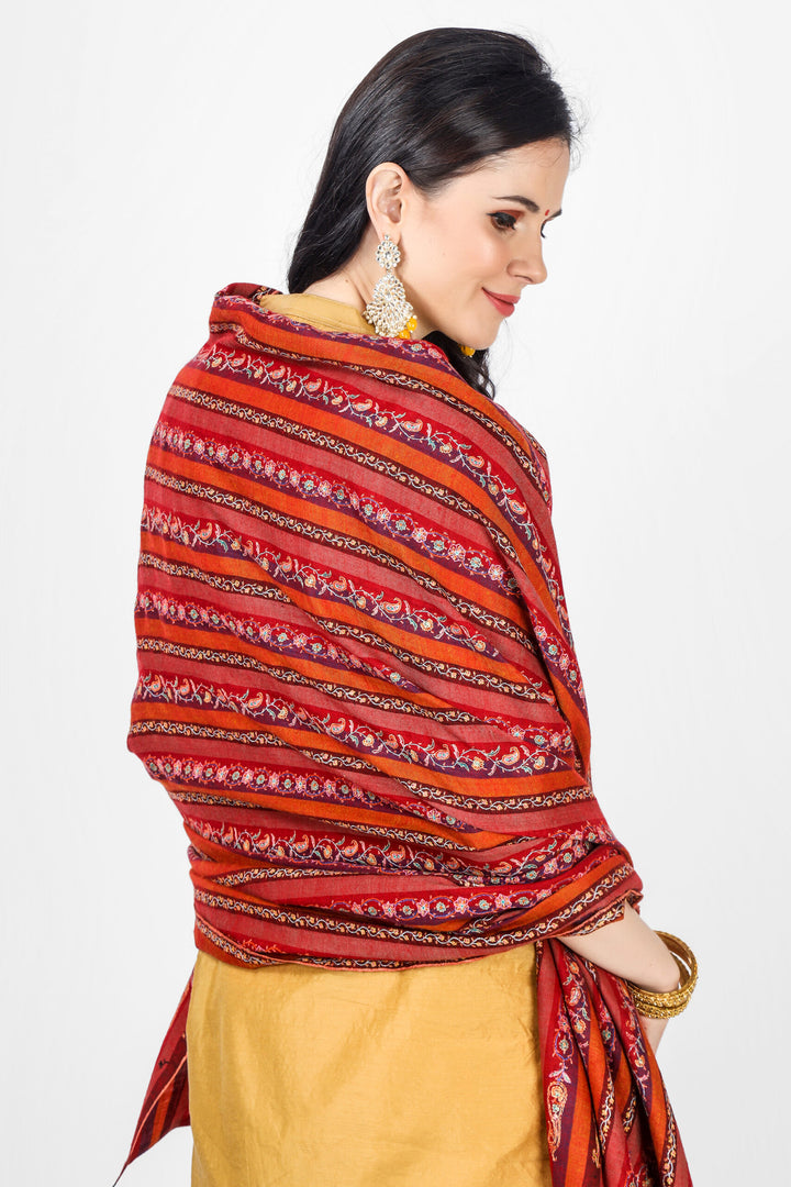 PASHMINA - Stripped Maroon & Red sozni pashmina shawl