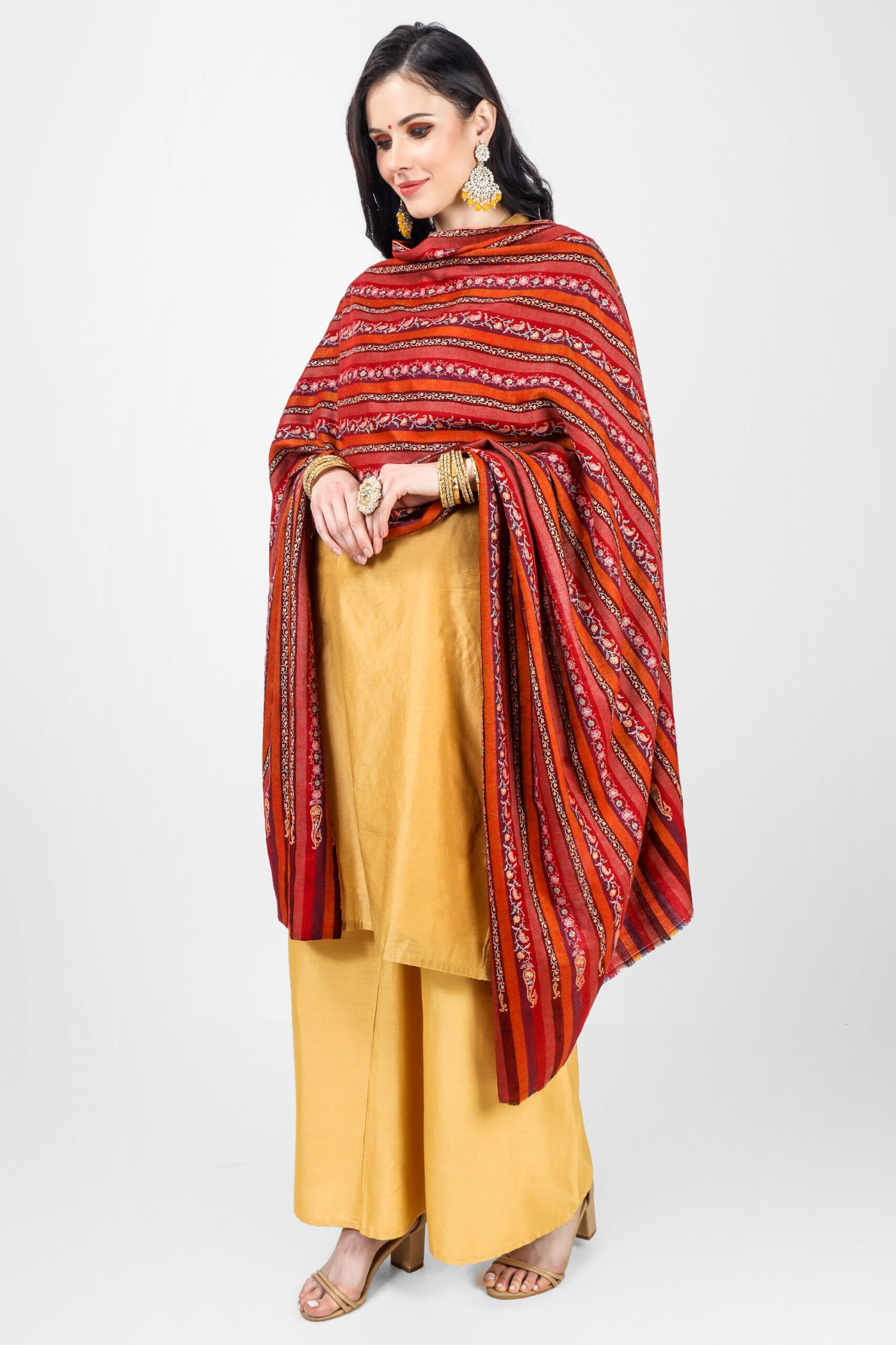 PASHMINA - Stripped Maroon & Red sozni pashmina shawl