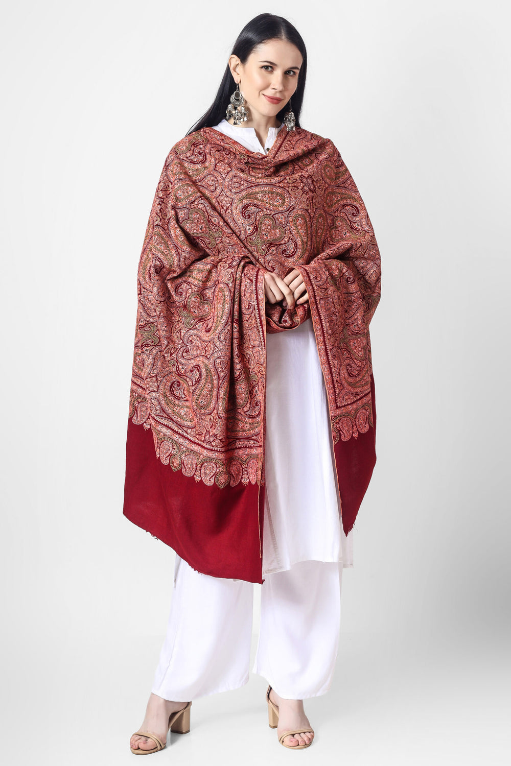  PASHMINA SHAWL -Maroon Sozni Needlework Jama Pashmina shawl. "PASHMINA SHAWLS IN CHINA - "KEPRA PASHMINA SHAWLS - Luxury at Its Best"