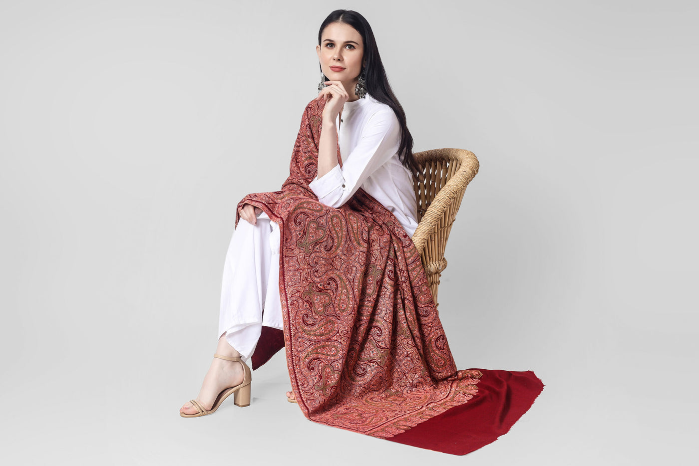 Maroon Pashmina Needlework khatmband jama shawl